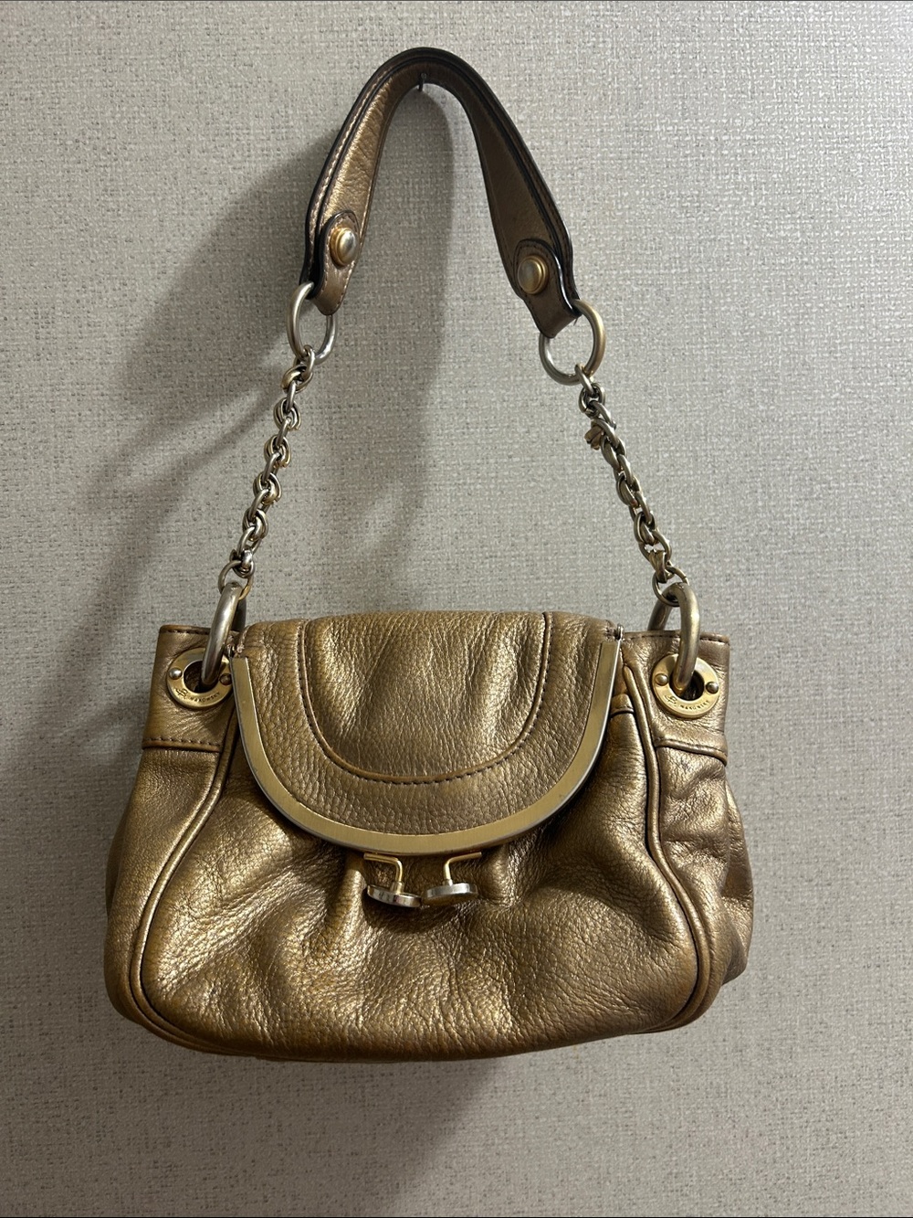Metallic Gold Leather Shoulder Bag - Women
